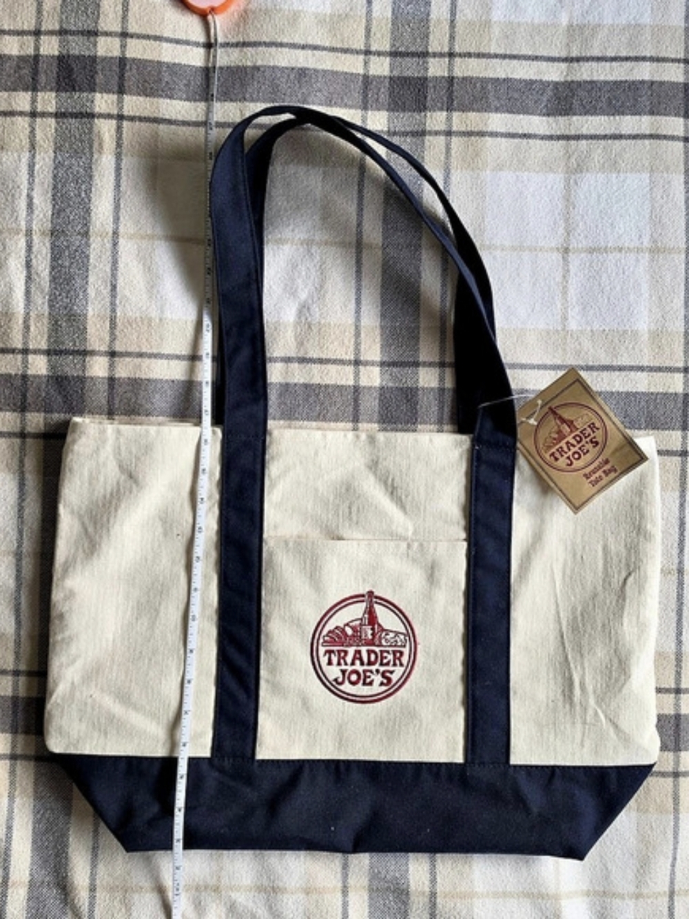 Trader Joe's Large Reusable Canvas Tote Bag Blue & Cream